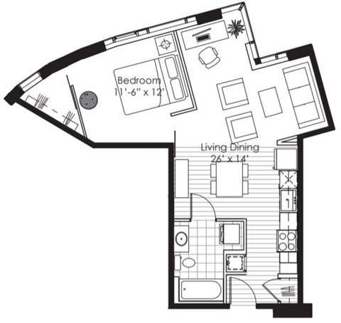 Floor plan for 1 bed, 1 bath, 661 sqft